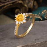 Round Cut Vintage Cluster Citrine Gemstone Ring Flower Engagement Ring